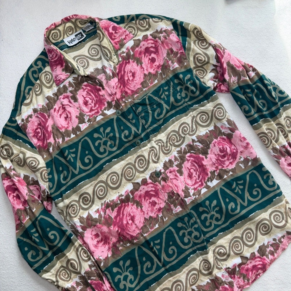 Krazy Kat Vintage Y2K Floral Rose Print Rayon Button Down Shirt Pink Green Small